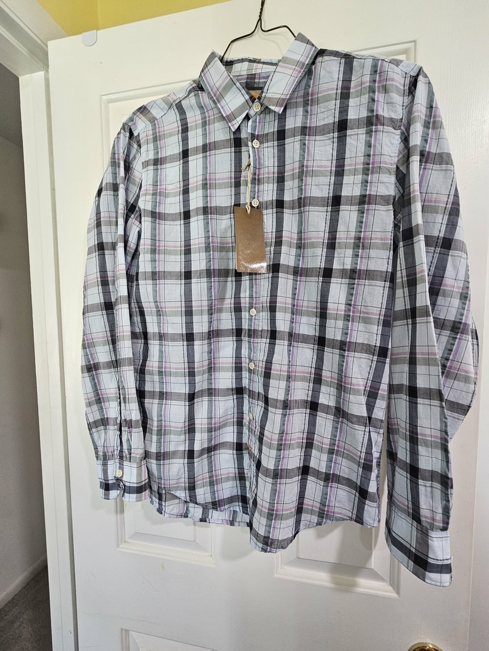 Hugo Boss Men’s Plaid Button-Down Shirt — White, Gray & Pink